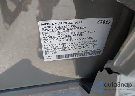 2023 Audi Q3 Premium Plus 45 Tfsi S Line Quattro Tiptronic z USA, uszkodzony, nr VIN WA1EECF35P1145317